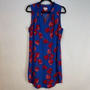 MARKET & SPRUCE Blue Sleeveless Floral Dress L Red Poppy Print Shift Style EUC